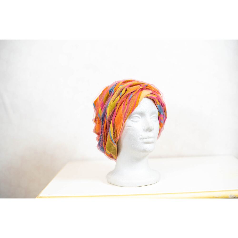 Vintage 60s Bright Colorful Christian Dior Hat, Turban Tulle Chapeaux Cloche - Picture 2 of 12